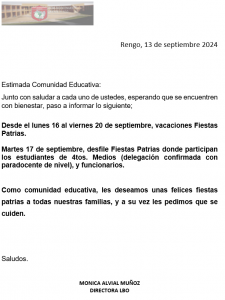 Comunicado Fiestas Patrias Liceo Bicentenario Oriente Rengo